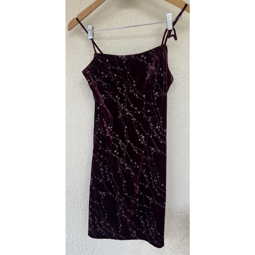 VTG Y2K Stationwagon Burgundy Velvet Floral Dress S Spaghetti Fairy Whimisgoth